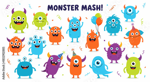 Monster characters with horns wings and big eyes. Vector flat illustration of cute monsters isolated on white background. Cartoon cute monsters with scary emotions.