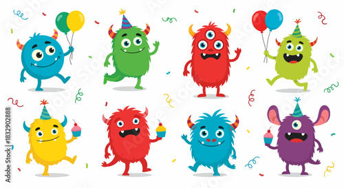 Monster characters with horns wings and big eyes. Vector flat illustration of cute monsters isolated on white background. Cartoon cute monsters with scary emotions.