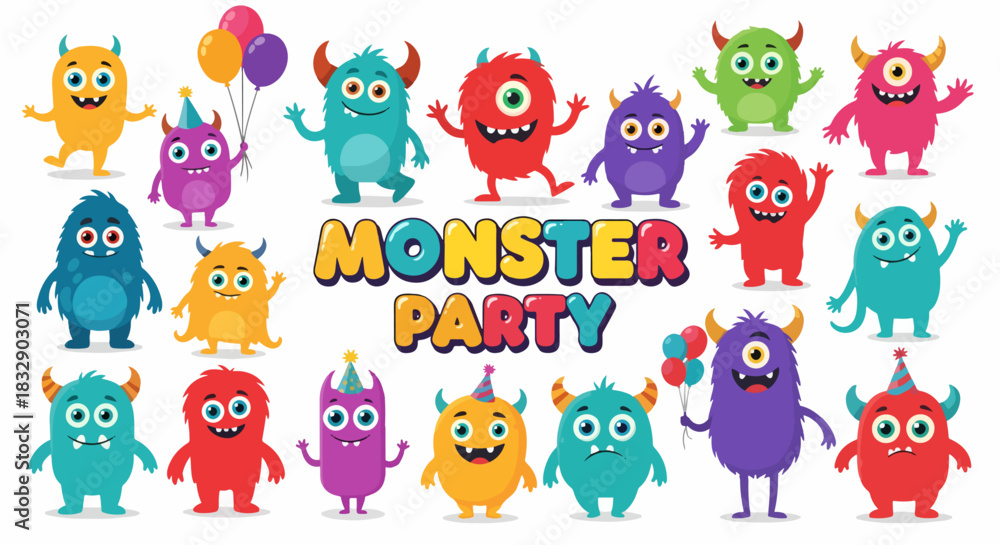 Fototapeta premium Big set of cartoon monsters on white background. Cute monsters. Kids funny character design for posters, cards., magazins. Vector illustration 