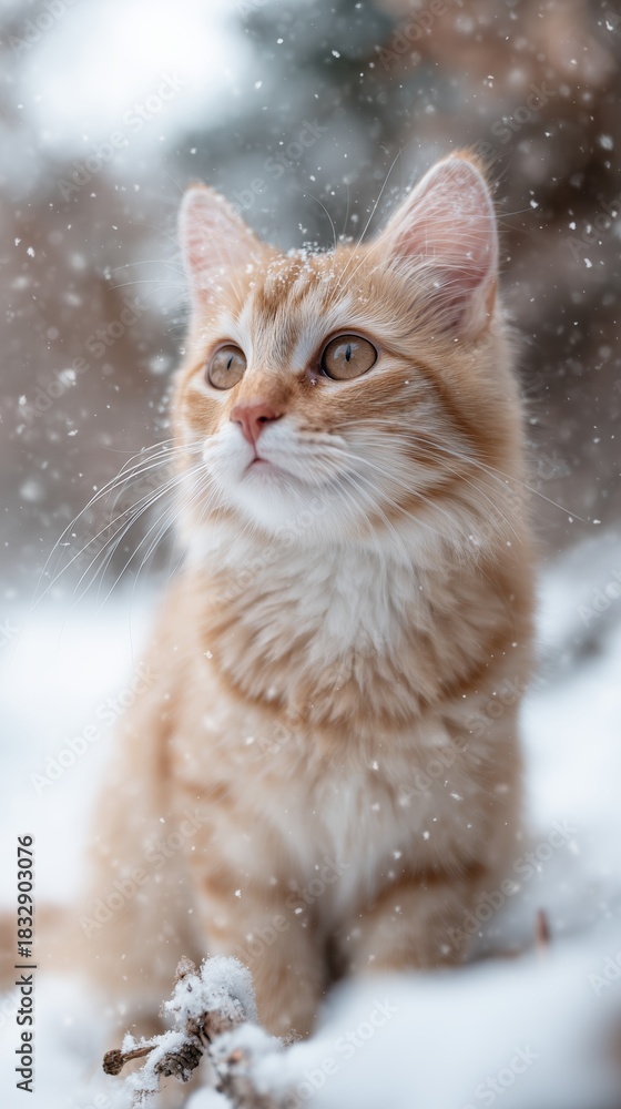 Obraz premium Orange cat enjoys snowfall in a winter wonderland setting