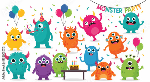 Big set of cartoon monsters on white background. Cute monsters. Kids funny character design for posters, cards., magazins. Vector illustration
