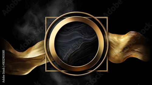 A luxurious design featuring a circular gold frame with flowing golden ribbons on a dark background, Ideal for upscale branding, elegant invitations, or sophisticated marketing materials,