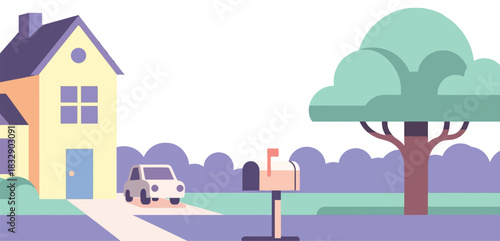 Illustration of a cozy suburban home with a car and mailbox