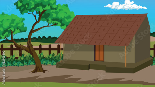 Indian Village Mud House with Tree and Garden Yard