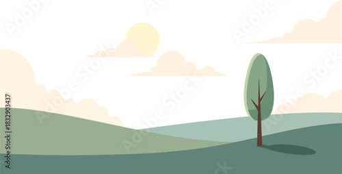 A serene landscape with a lone tree under a pastel sky