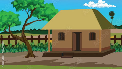 Rural Clay Cottage and Tree in Indian Countryside Landscape