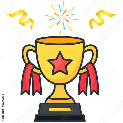 Golden Winner Trophy Icon with Confetti and Ribbons