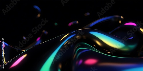 Black dark abstract background. Iridescent fluid glass wave. Smooth curve transition. Rainbow light flare. Bright glow shimmer. Neon metallic futuristic blur texture Holographic liquid shape 3D render