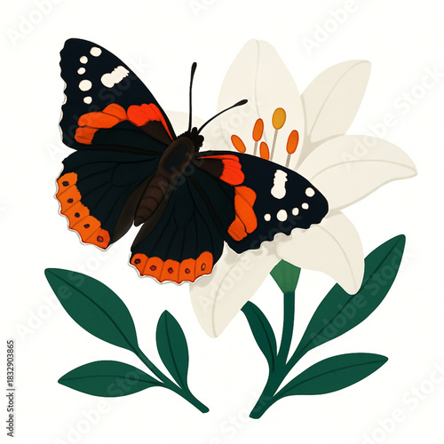Minimalist and vibrant vector collection of different butterfly species sitting on spring and summer flowers. Flat design for digital projects, greeting cards, and nature-themed graphics.