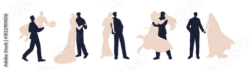 Wedding couple silhouettes set. Abstract bride and groom in dress and suit, dancing, embracing. Romantic love pair, newlywed partners at marriage. Flat vector illustration isolated on white background