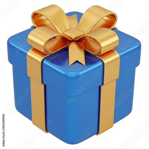 A blue gift box with a golden ribbon and bow on top