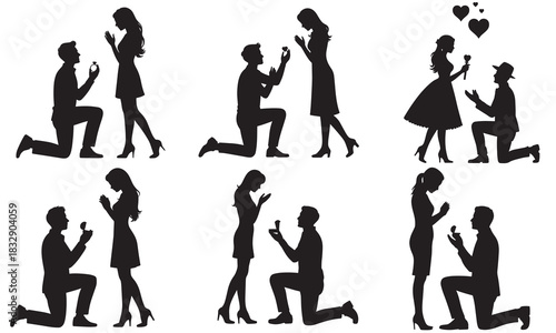 Romantic couple silhouette poses showing marriage proposal and affectionate gestures
