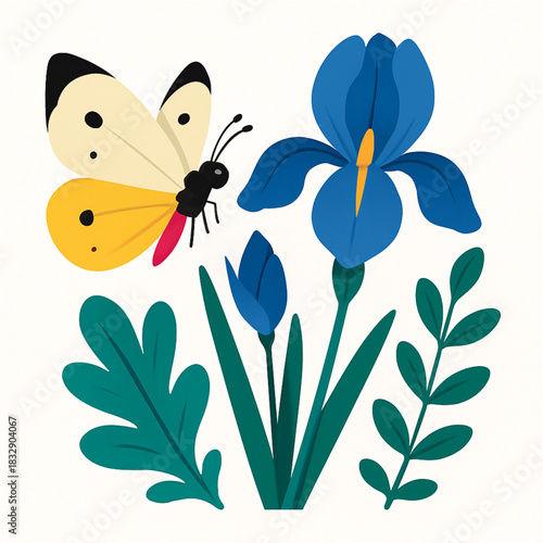 Minimalist and vibrant vector collection of different butterfly species sitting on spring and summer flowers. Flat design for digital projects, greeting cards, and nature-themed graphics.