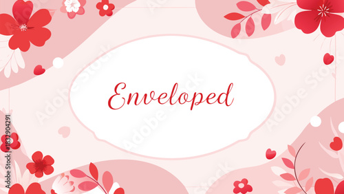 Delicate pink and red floral border with a central oval frame and the word enveloped in elegant script for invitations or greetings