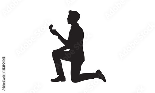 Man kneeling and proposing with a ring in a classic silhouette style
