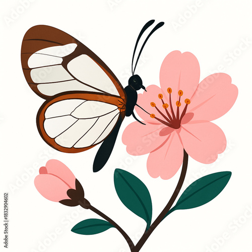 Minimalist and vibrant vector collection of different butterfly species sitting on spring and summer flowers. Flat design for digital projects, greeting cards, and nature-themed graphics.