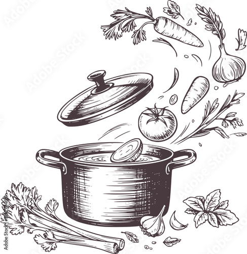 Black and white sketch of cooking ingredients falling into a pot