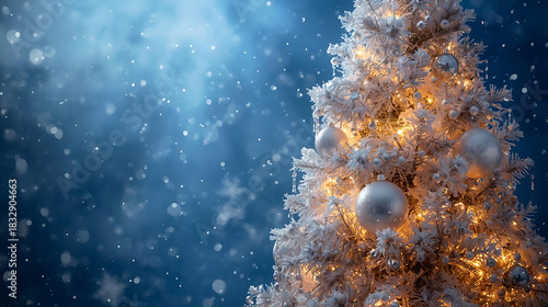 Sparkling Season's Greetings: A festive Christmas tree, adorned with delicate ornaments and twinkling lights, stands against a magical backdrop of softly falling snowflakes.