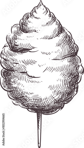 Black and white sketch of a fluffy cotton candy on a stick