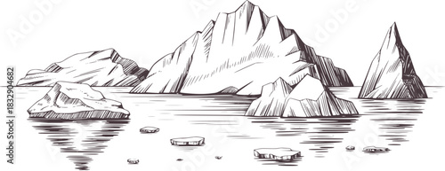 Black and white sketch of icebergs floating in water