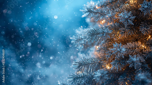 Winter Wonder: A close-up showcases a snow-covered pine branch, illuminated by festive lights against a softly blurred, wintery backdrop. Capturing the magical ambiance of the season.