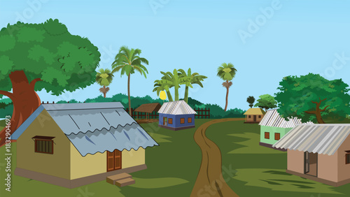 Charming tropical village scene with simple homes nestled among lush green trees and bright blue sky