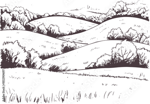 Black and white sketch of rolling hills and trees monochrome