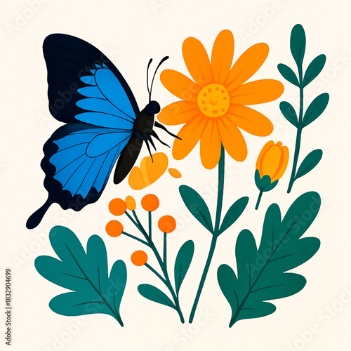 Minimalist and vibrant vector collection of different butterfly species sitting on spring and summer flowers. Flat design for digital projects, greeting cards, and nature-themed graphics.