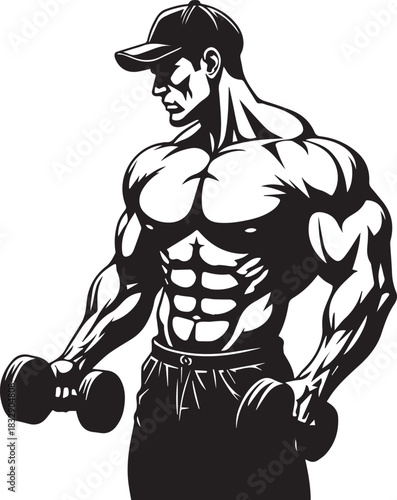 Muscular Man with Baseball Cap and Dumbbells Vector Illustration