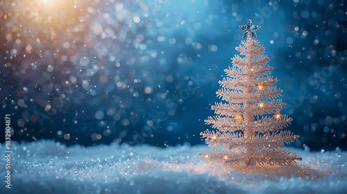 Christmas Tree in Snowy Wonderland: An illuminated Christmas tree stands resplendent amidst a gentle snowfall, casting a warm glow in a serene.
