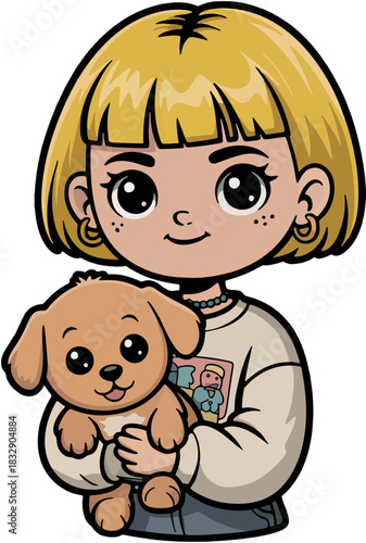 Hip young girl character with short blonde hair and freckles hugging a small brown dog, flat vector art style