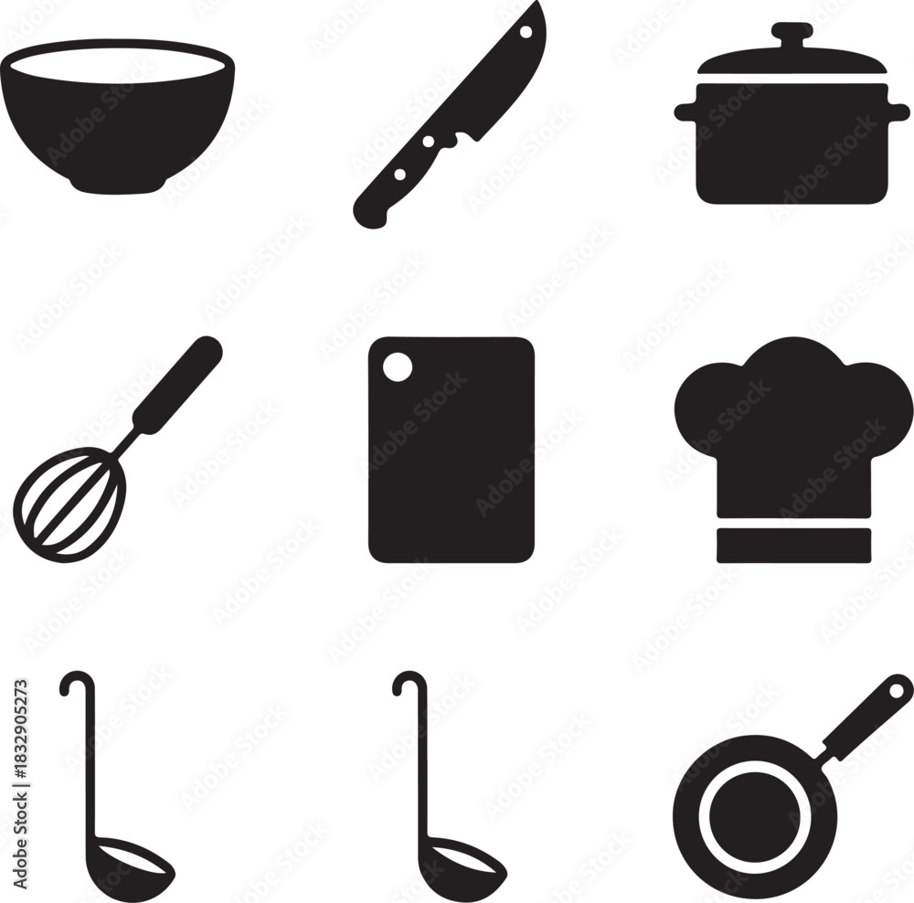 Obraz premium Collection of nine black silhouette kitchen utensil icons on a white background