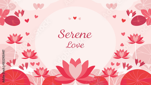 A gentle and serene illustration featuring blooming lotus flowers and delicate hearts in soft pink and red hues conveying a feeling of love and tranquility