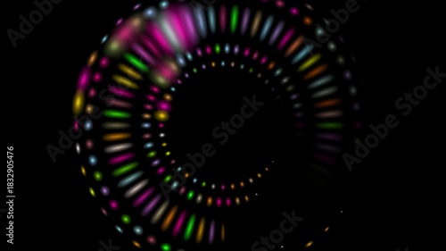 Colorful Spiral Mandala with Vibrant Neon Light Dots on Black Background