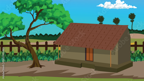 Charming rural village scene with a simple hut nestled beside a large green tree under a bright blue sky