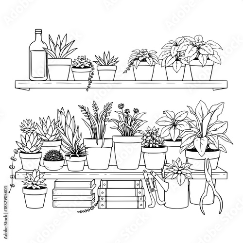 A meticulously drawn line-art illustration of a refined indoor plant display shelf adorned with an assortment of succulents in small terracotta pots, lush leafy plants in wooden planters, a clear glas