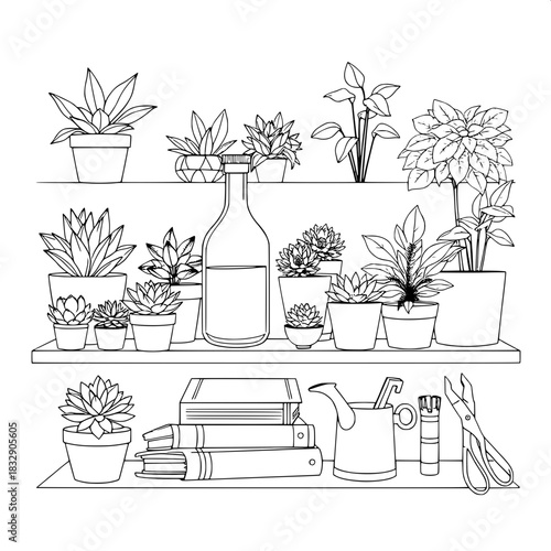 A meticulously drawn line-art illustration of a refined indoor plant display shelf adorned with an assortment of succulents in small terracotta pots, lush leafy plants in wooden planters, a clear glas