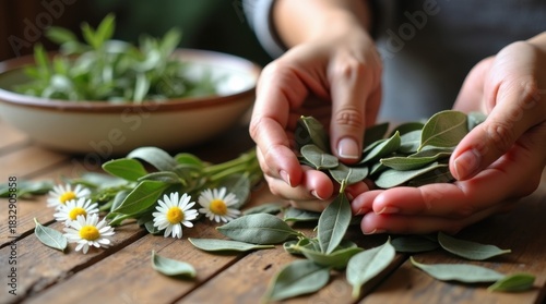 Manos clasificando hojas de salvia con delicados tonos verde grisáceos y flores de manzanilla con suaves pétalos blancos para una curación natural