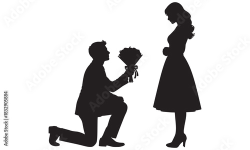Romantic silhouette of a man proposing to a woman with a bouquet of flowers