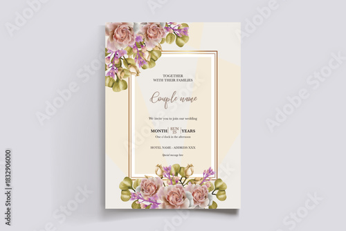 WEDDING INVITATION FRAME WITH FLOWER DECORATIONS AND FRESH LEAVES
