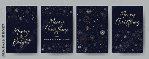 Christmas and New Year greeting cards set decorated with golden lettering, shimmering bokeh lights, and delicate snowflakes. Luxurious winter set for festive messages and seasonal design projects
