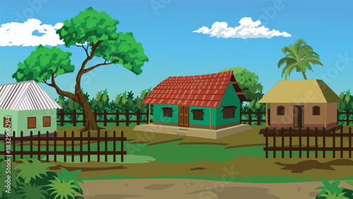 Charming rural village scene with colorful traditional houses nestled under a bright blue tropical sky