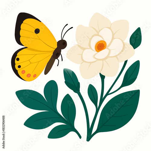 Minimalist and vibrant vector collection of different butterfly species sitting on spring and summer flowers. Flat design for digital projects, greeting cards, and nature-themed graphics.