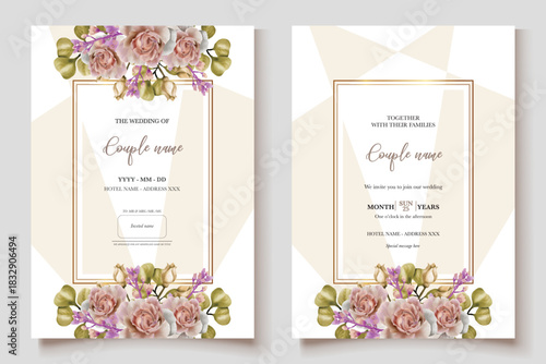 WEDDING INVITATION FRAME WITH FLOWER DECORATIONS AND FRESH LEAVES