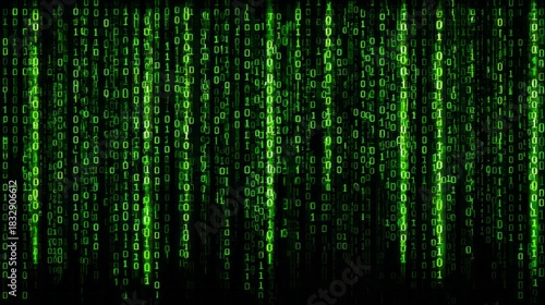 Cascading streams of green binary code descend across a dark background.