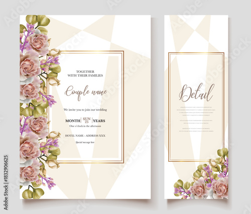 WEDDING INVITATION FRAME WITH FLOWER DECORATIONS AND FRESH LEAVES