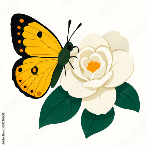 Minimalist and vibrant vector collection of different butterfly species sitting on spring and summer flowers. Flat design for digital projects, greeting cards, and nature-themed graphics.