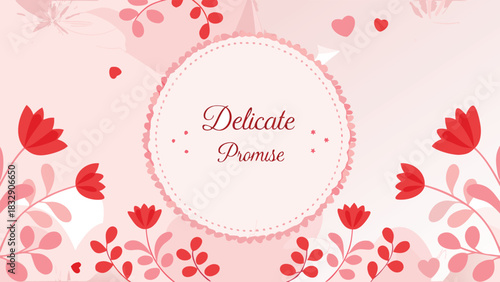 Soft pink background with delicate red floral elements and hearts framing the text delicate promise in a central circular frame