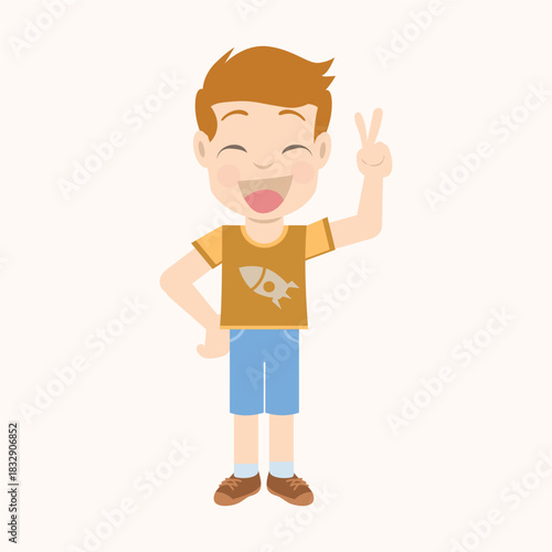 Vector illustration of a cute cartoon boy smiling cheerfully and making a V-sign (peace or victory) gesture with his fingers