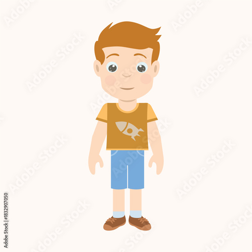 Full-body vector illustration of a cartoon boy standing straight with a gentle smile. Portrait concept